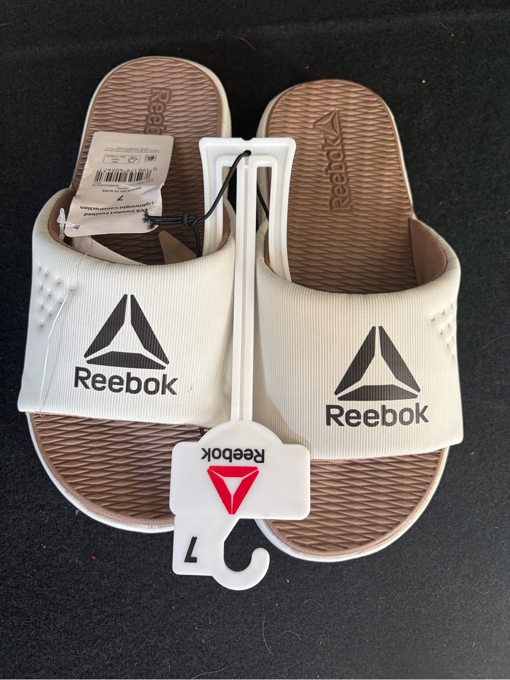 Reebok White Strap Tan Footbed Slide Sandals